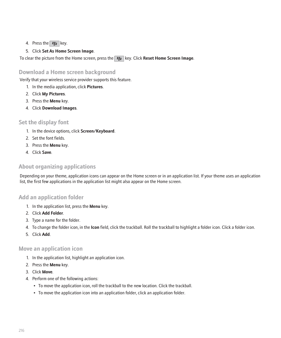 Download a home screen background, Set the display font, About organizing applications | Add an application folder, Move an application icon | Blackberry Curve 8330 User Manual | Page 218 / 272