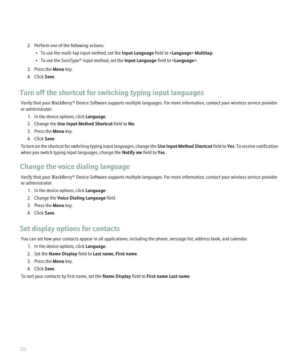 Change the voice dialing language, Set display options for contacts | Blackberry Curve 8330 User Manual | Page 224 / 272