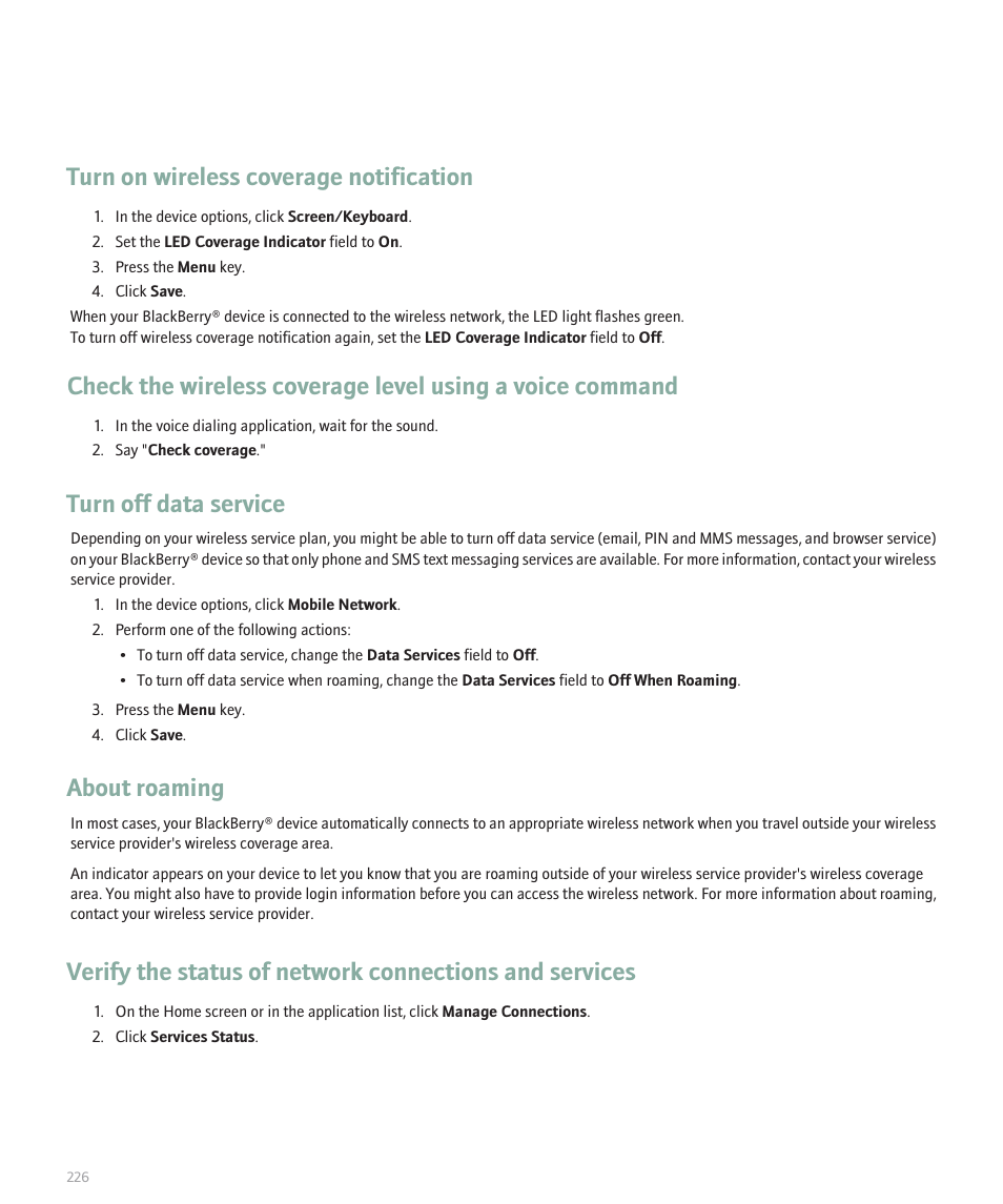 Turn on wireless coverage notification, Turn off data service, About roaming | Blackberry Curve 8330 User Manual | Page 228 / 272