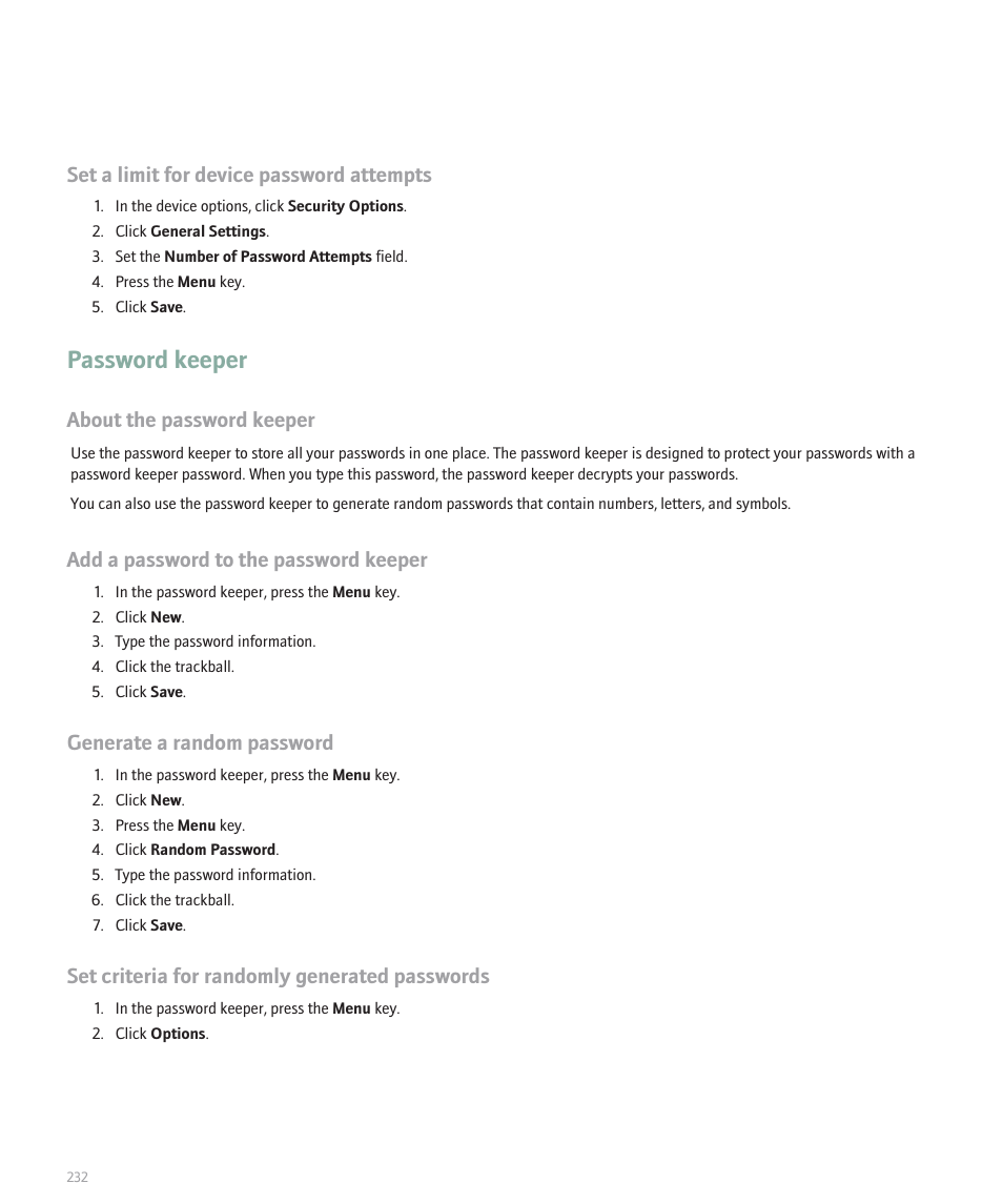 Password keeper, Set a limit for device password attempts, About the password keeper | Add a password to the password keeper, Generate a random password, Set criteria for randomly generated passwords | Blackberry Curve 8330 User Manual | Page 234 / 272