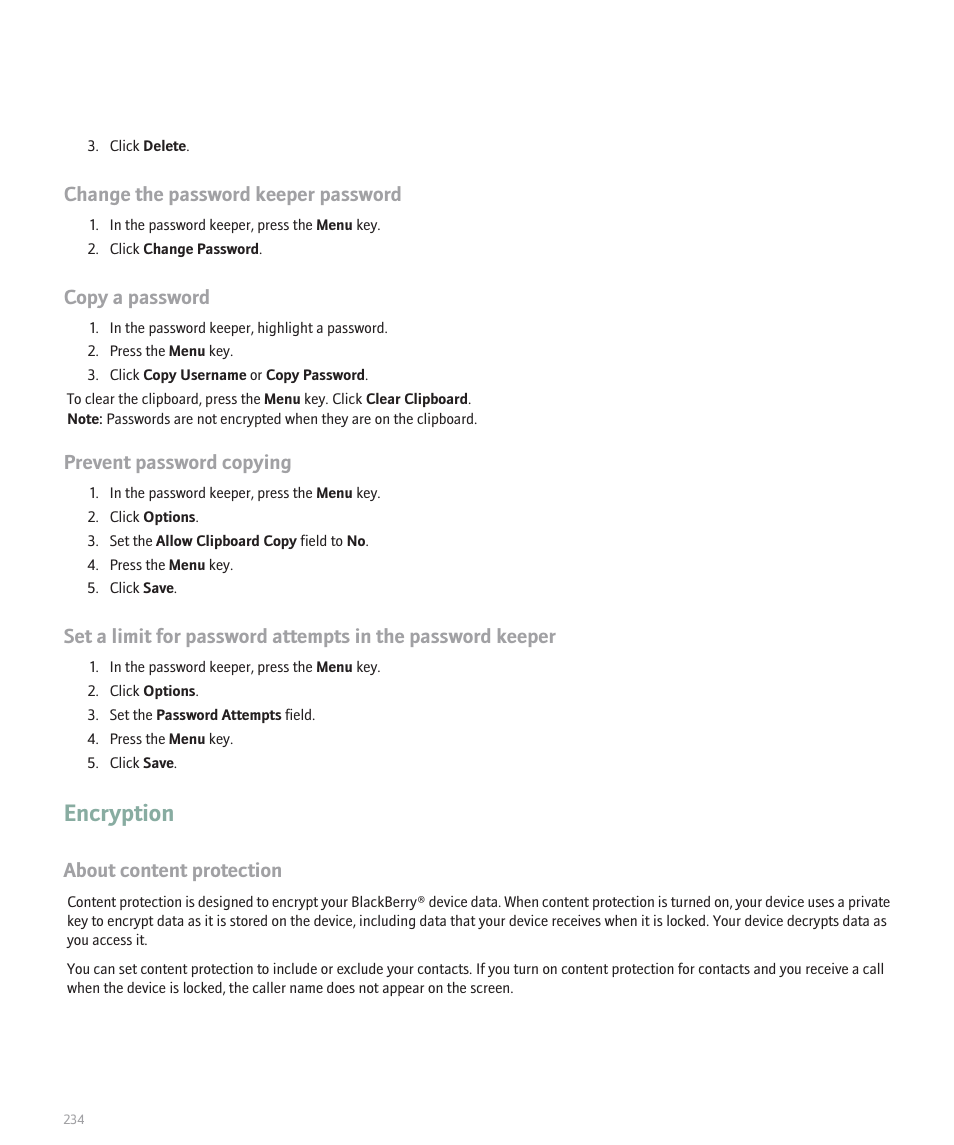 Encryption, Change the password keeper password, Copy a password | Prevent password copying, About content protection | Blackberry Curve 8330 User Manual | Page 236 / 272
