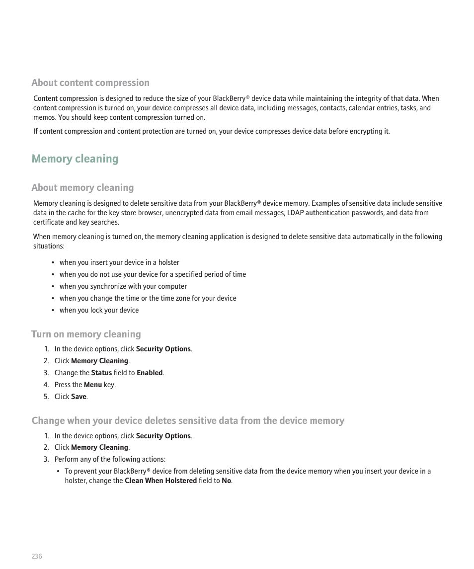 Memory cleaning, About content compression | Blackberry Curve 8330 User Manual | Page 238 / 272