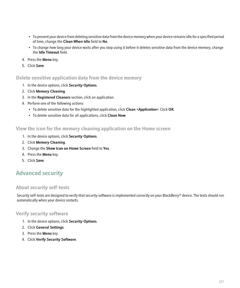 Advanced security, About security self-tests, Verify security software | Blackberry Curve 8330 User Manual | Page 239 / 272