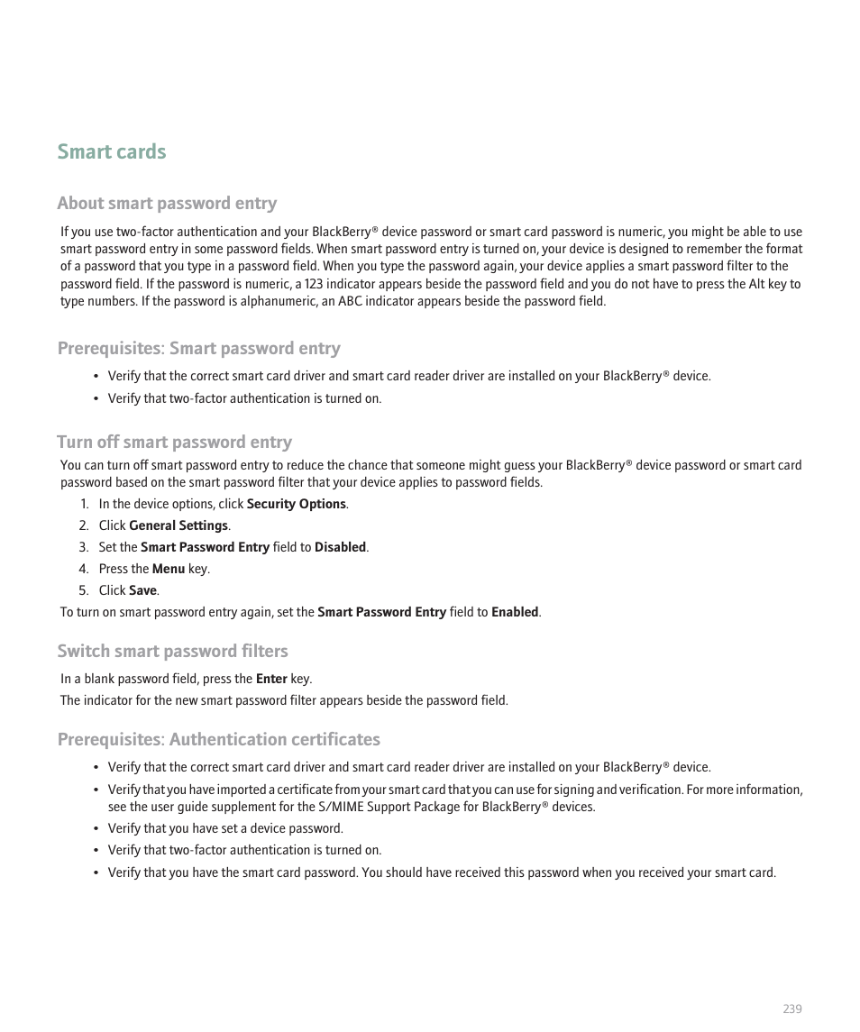 Smart cards, About smart password entry, Prerequisites: smart password entry | Turn off smart password entry, Switch smart password filters, Prerequisites: authentication certificates | Blackberry Curve 8330 User Manual | Page 241 / 272