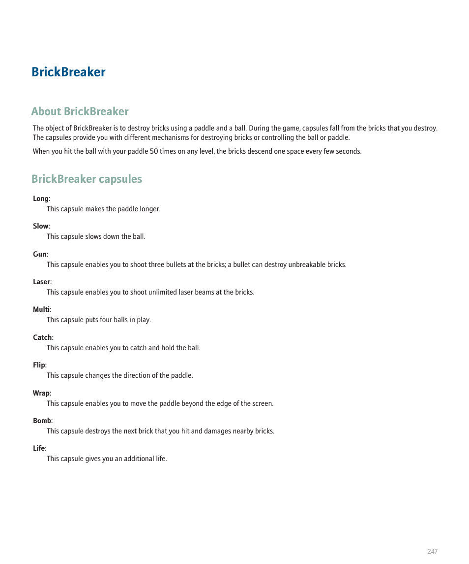 Brickbreaker, About brickbreaker, Brickbreaker capsules | Blackberry Curve 8330 User Manual | Page 249 / 272