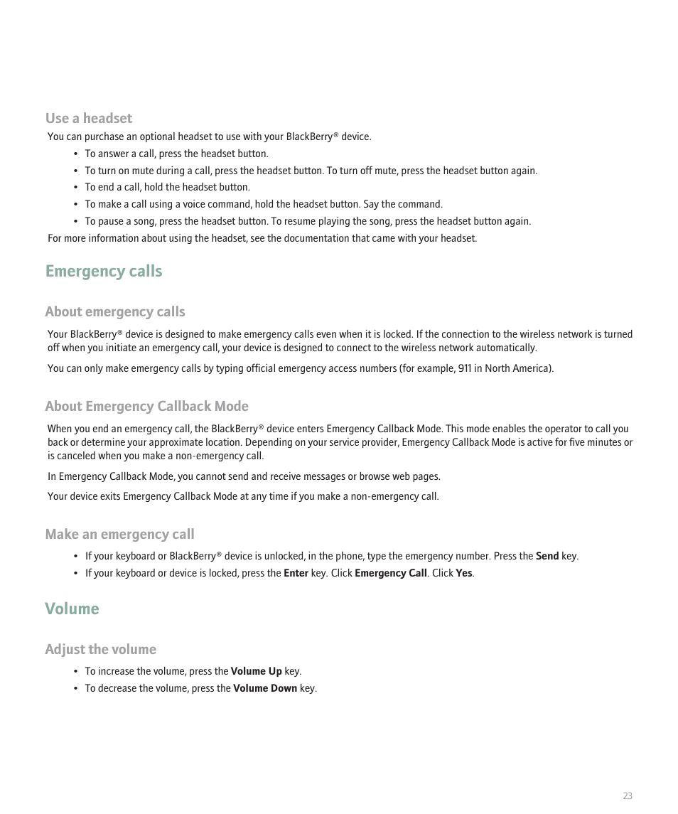 Emergency calls, Volume, Use a headset | Adjust the volume | Blackberry Curve 8330 User Manual | Page 25 / 272