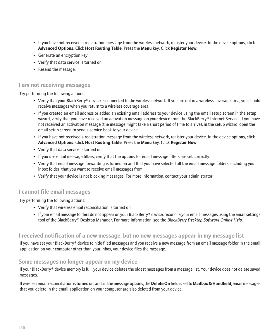 I am not receiving messages, I cannot file email messages, Some messages no longer appear on my device | Blackberry Curve 8330 User Manual | Page 258 / 272
