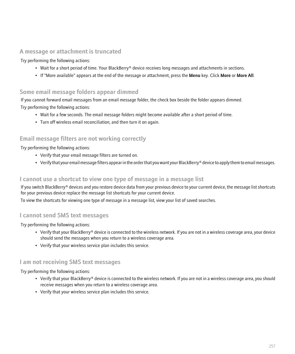 A message or attachment is truncated, Some email message folders appear dimmed, Email message filters are not working correctly | I cannot send sms text messages, I am not receiving sms text messages | Blackberry Curve 8330 User Manual | Page 259 / 272