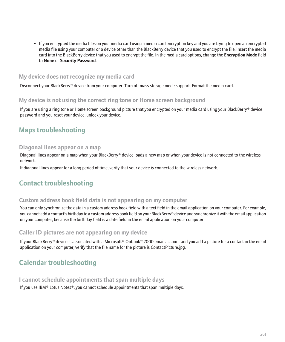 Maps troubleshooting, Contact troubleshooting, Calendar troubleshooting | Blackberry Curve 8330 User Manual | Page 263 / 272