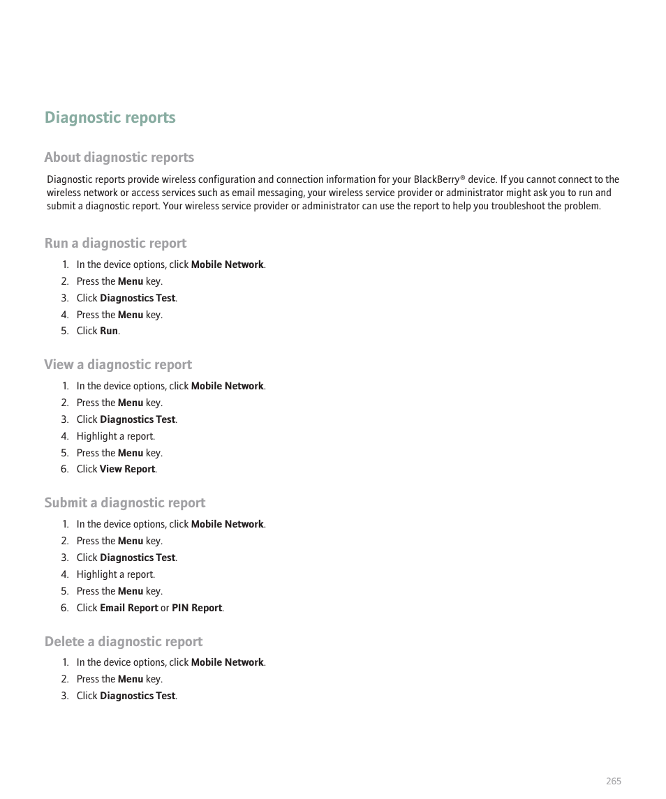 Diagnostic reports, About diagnostic reports, Run a diagnostic report | View a diagnostic report, Submit a diagnostic report, Delete a diagnostic report | Blackberry Curve 8330 User Manual | Page 267 / 272