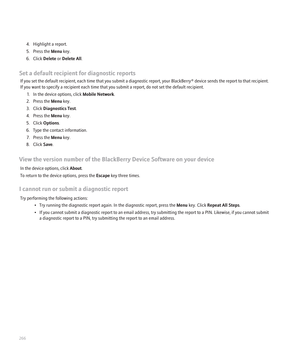Set a default recipient for diagnostic reports, I cannot run or submit a diagnostic report | Blackberry Curve 8330 User Manual | Page 268 / 272