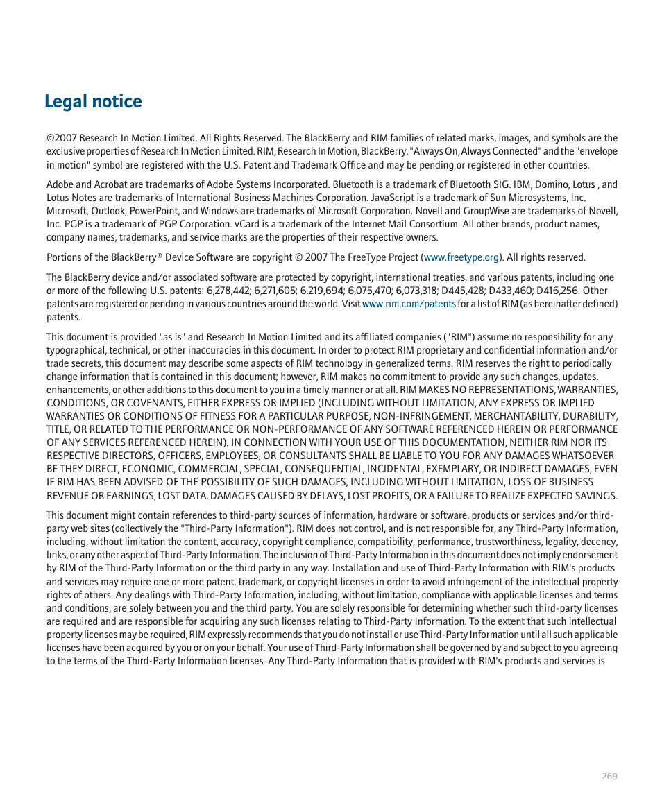 Legal notice | Blackberry Curve 8330 User Manual | Page 271 / 272