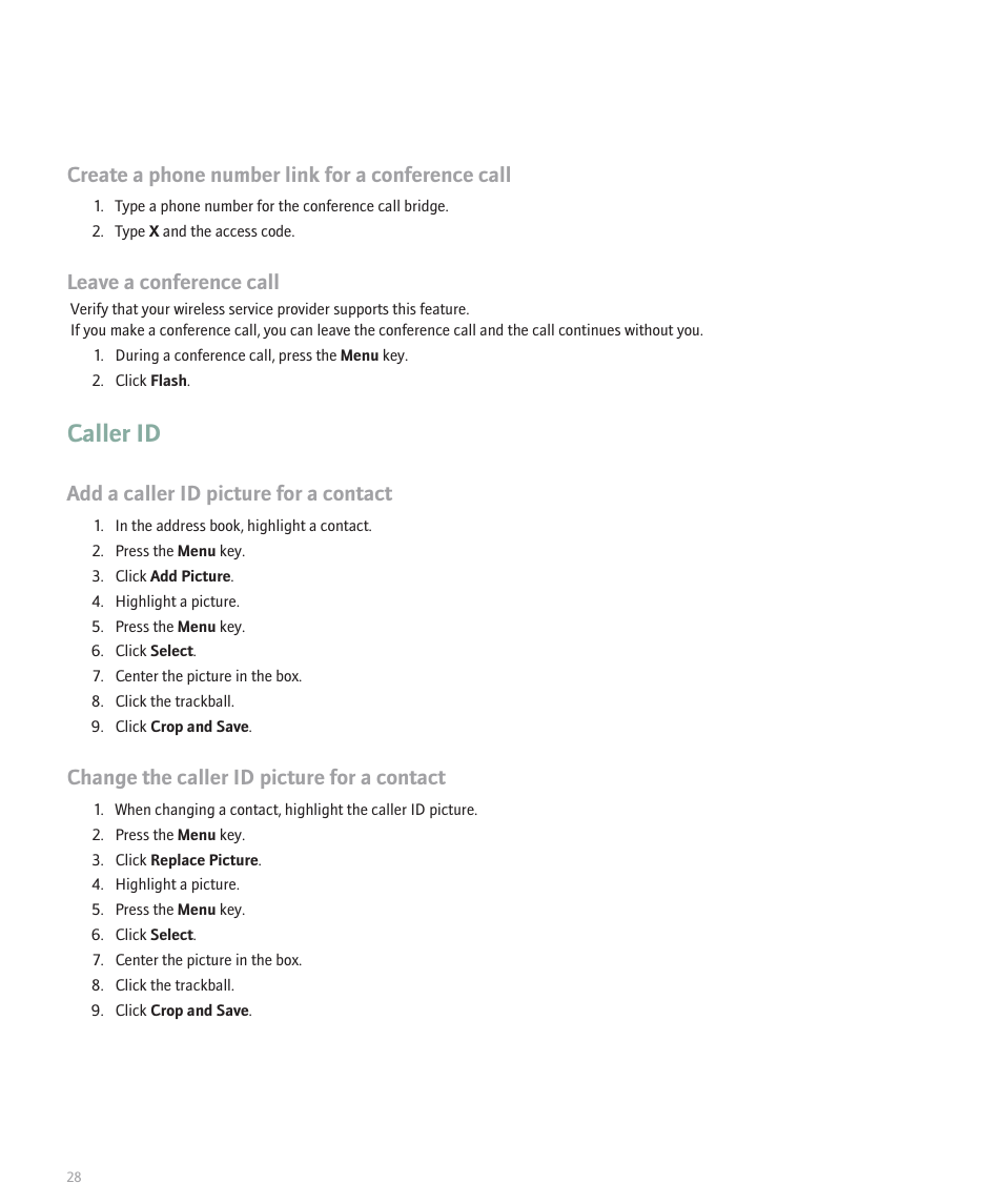 Caller id, Create a phone number link for a conference call, Leave a conference call | Add a caller id picture for a contact, Change the caller id picture for a contact | Blackberry Curve 8330 User Manual | Page 30 / 272