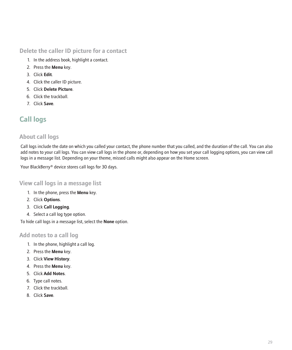 Call logs, Delete the caller id picture for a contact, About call logs | View call logs in a message list | Blackberry Curve 8330 User Manual | Page 31 / 272