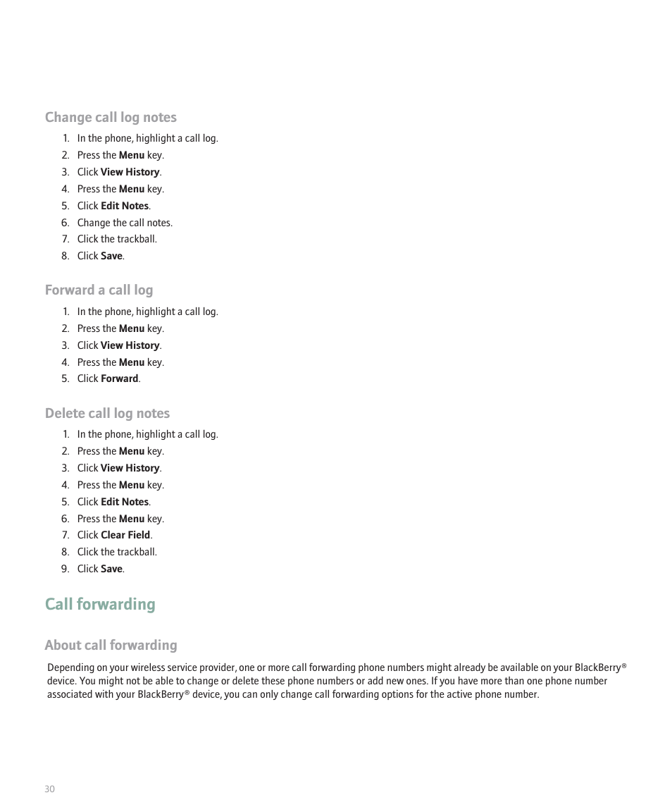 Call forwarding, Forward a call log, About call forwarding | Blackberry Curve 8330 User Manual | Page 32 / 272