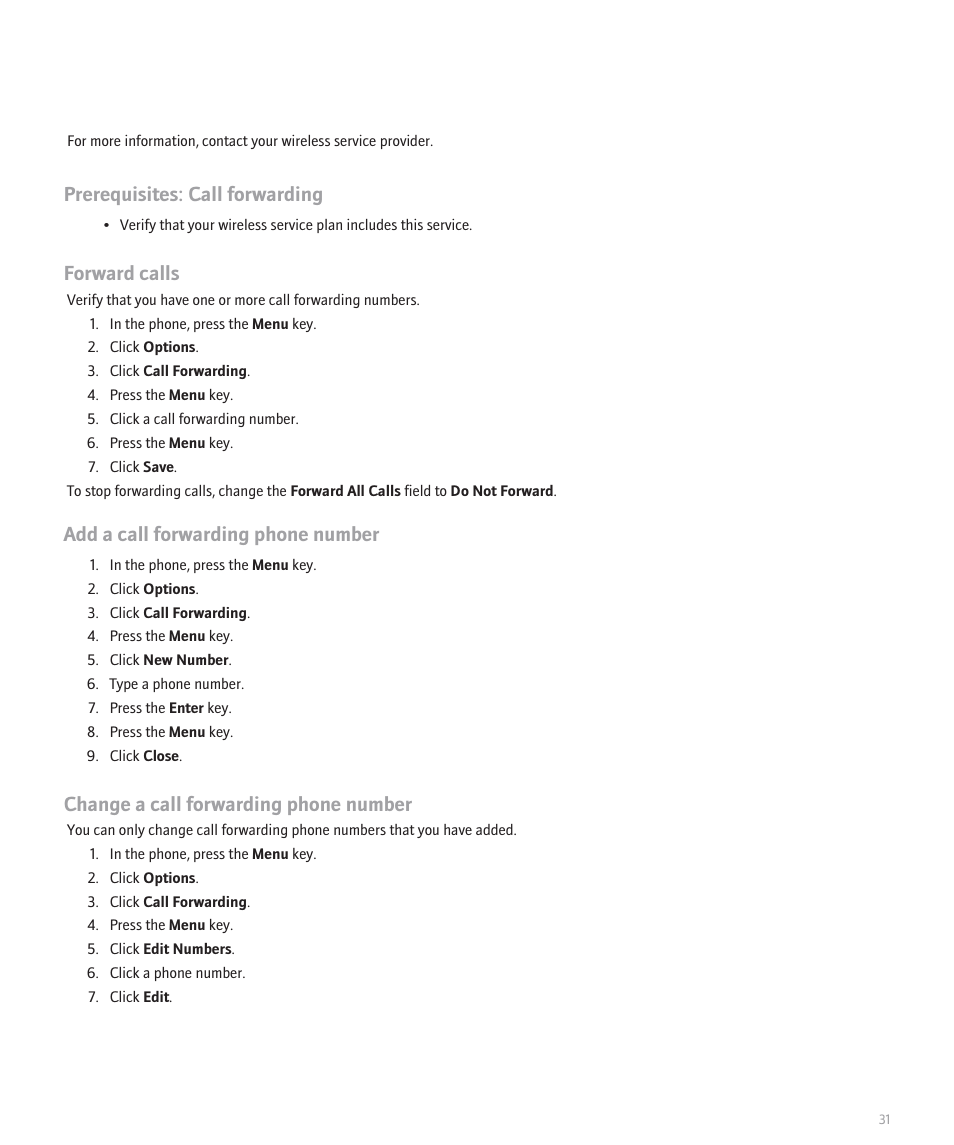 Prerequisites: call forwarding, Forward calls, Add a call forwarding phone number | Change a call forwarding phone number | Blackberry Curve 8330 User Manual | Page 33 / 272