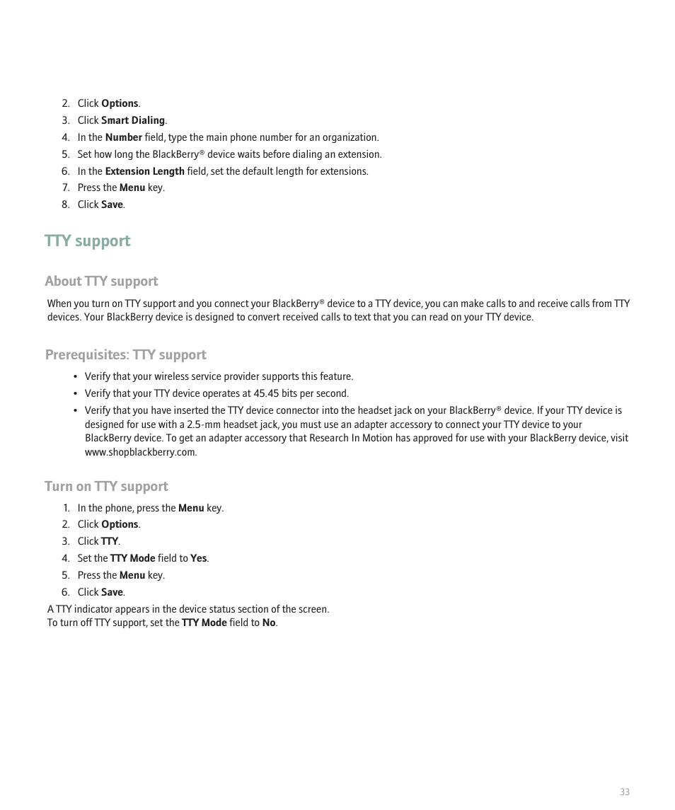 Tty support, About tty support, Prerequisites: tty support | Turn on tty support | Blackberry Curve 8330 User Manual | Page 35 / 272
