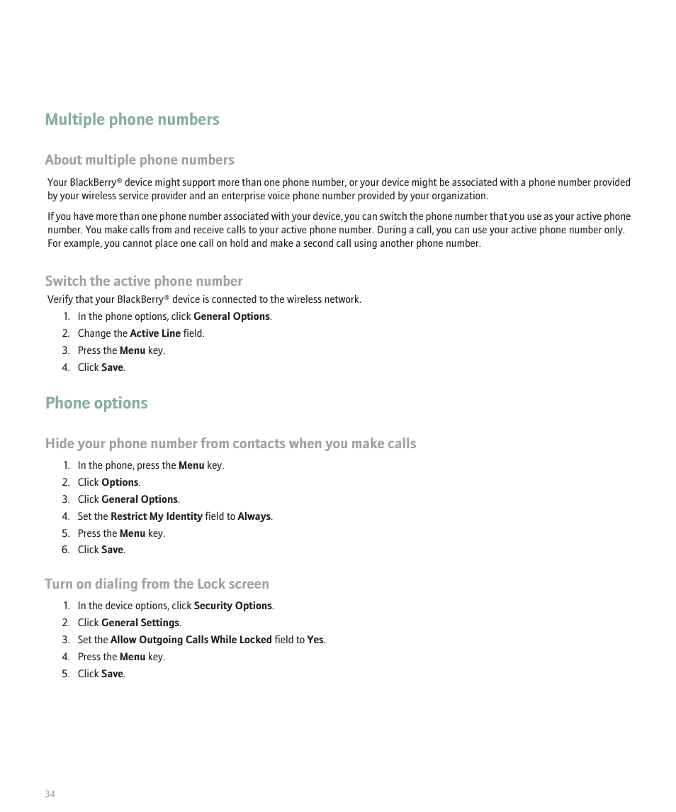 Multiple phone numbers, Phone options, About multiple phone numbers | Switch the active phone number, Turn on dialing from the lock screen | Blackberry Curve 8330 User Manual | Page 36 / 272