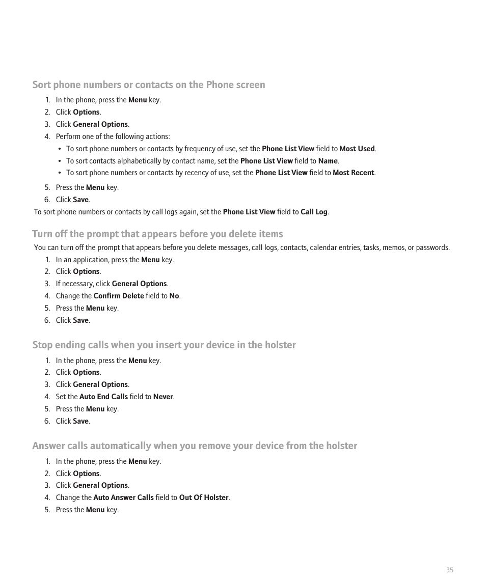 Sort phone numbers or contacts on the phone screen | Blackberry Curve 8330 User Manual | Page 37 / 272