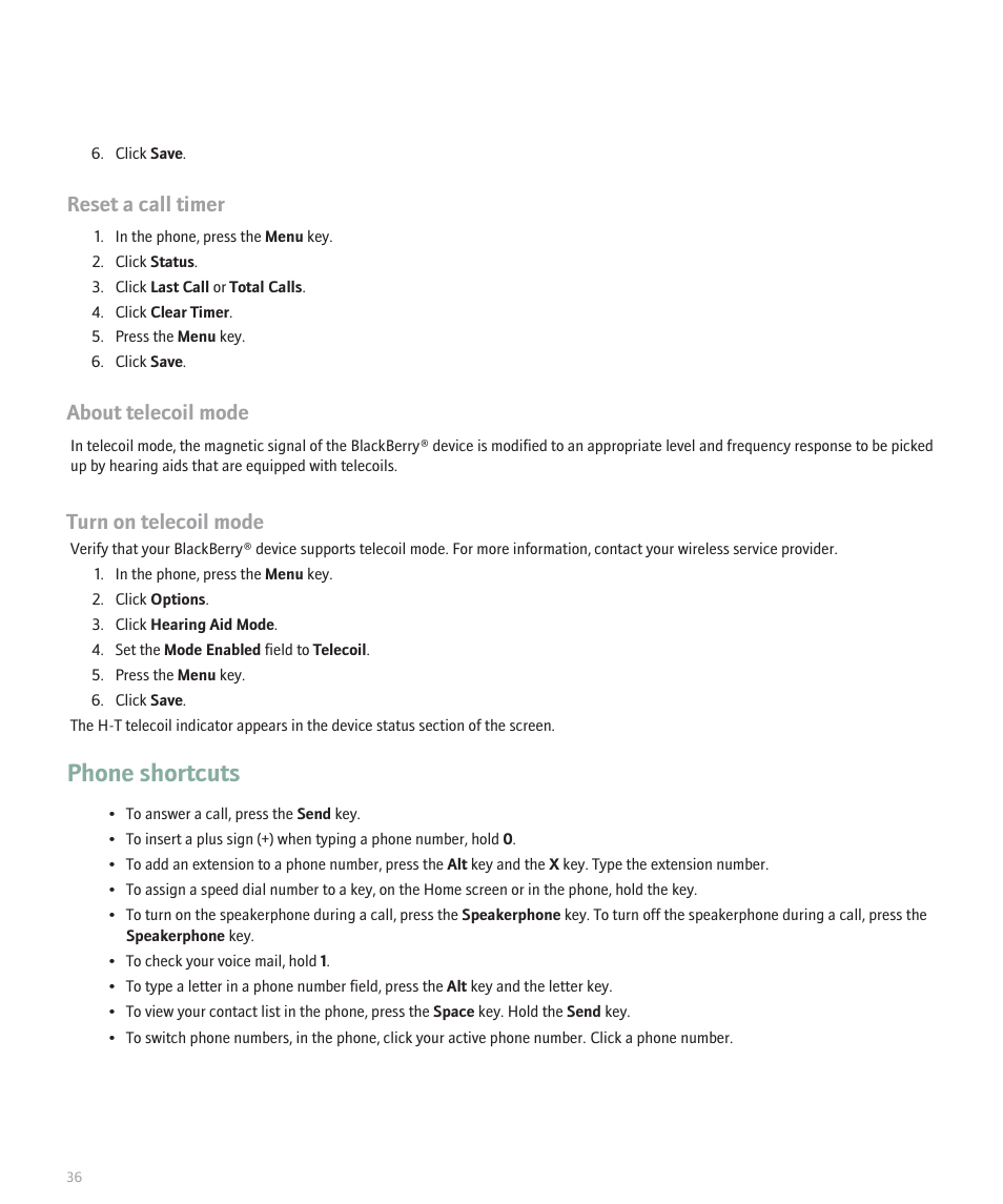 Phone shortcuts, Reset a call timer, About telecoil mode | Turn on telecoil mode | Blackberry Curve 8330 User Manual | Page 38 / 272