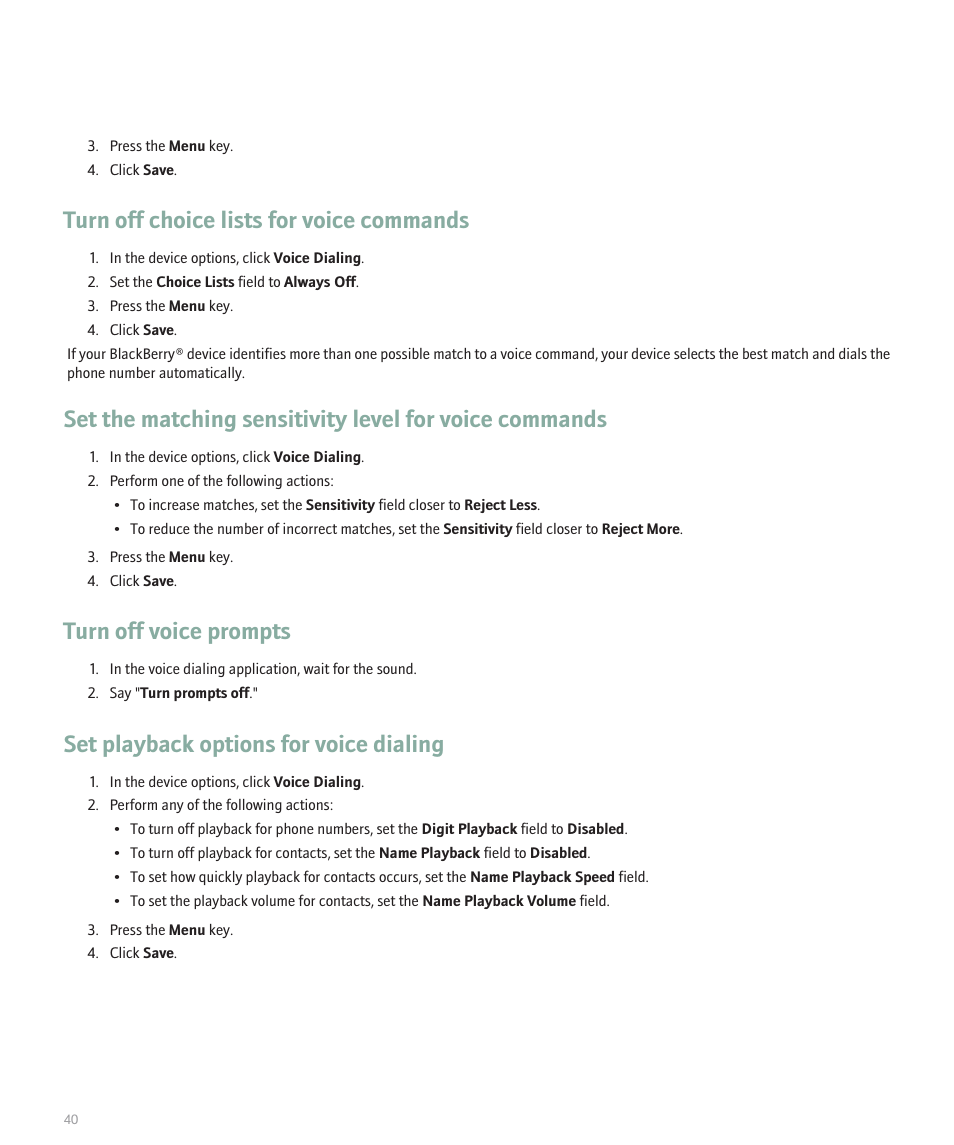 Turn off choice lists for voice commands, Turn off voice prompts, Set playback options for voice dialing | Blackberry Curve 8330 User Manual | Page 42 / 272