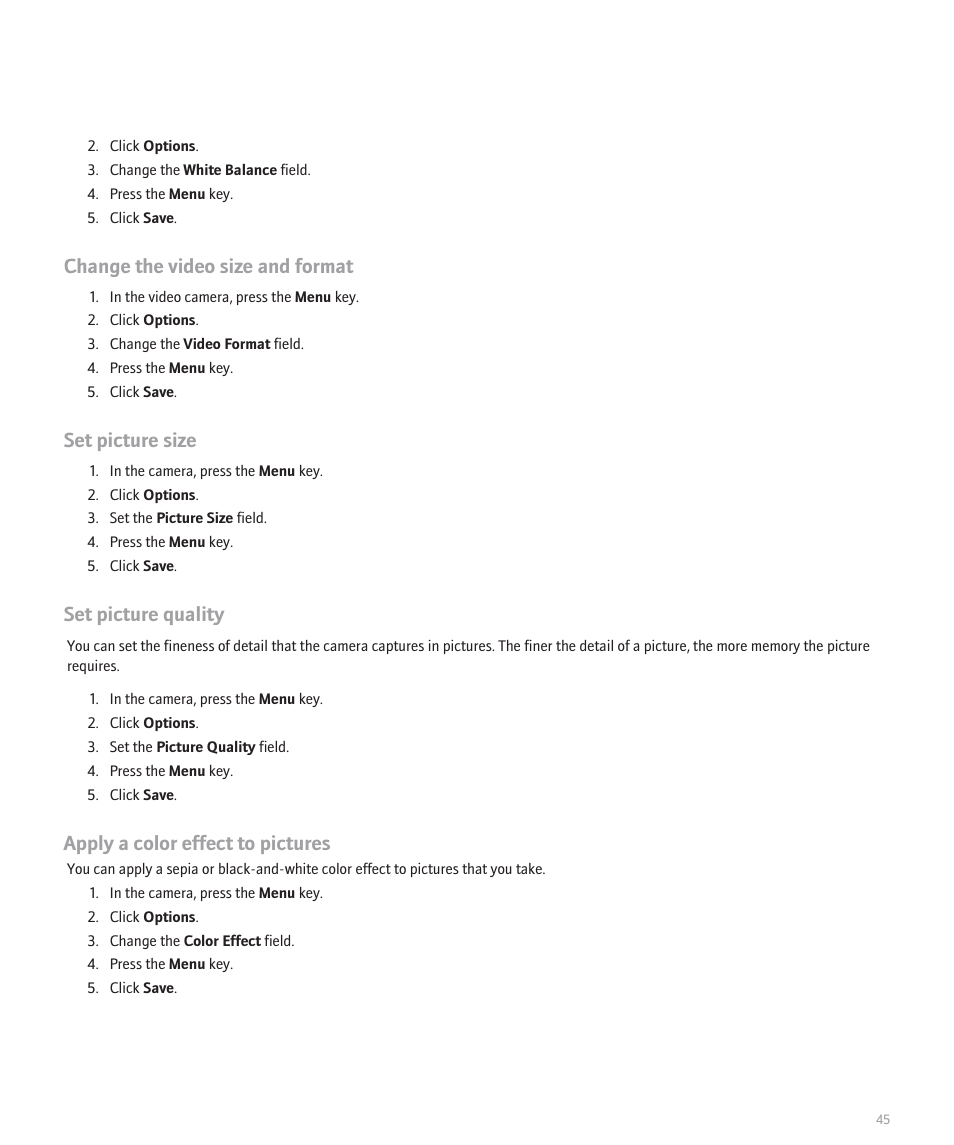 Change the video size and format, Set picture size, Set picture quality | Apply a color effect to pictures | Blackberry Curve 8330 User Manual | Page 47 / 272