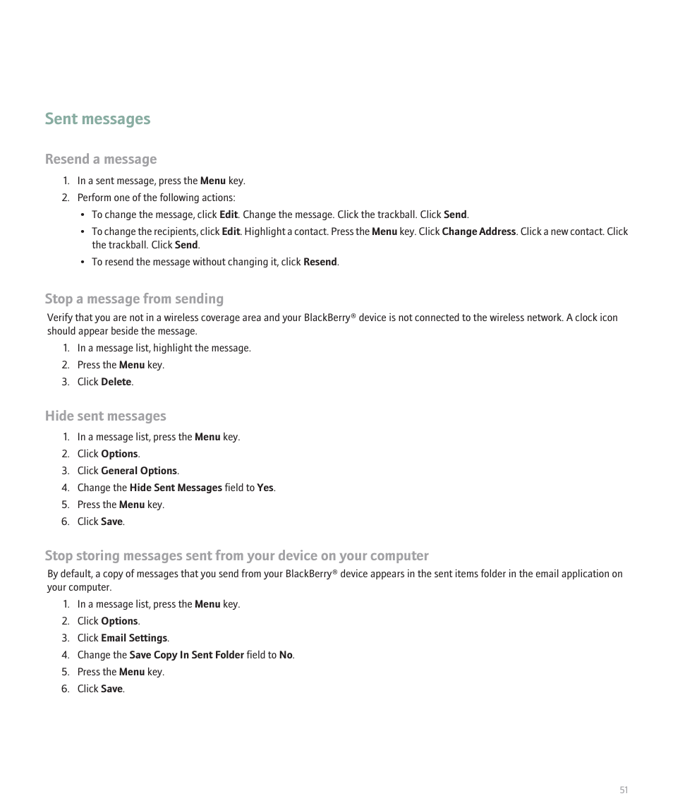 Sent messages, Resend a message, Stop a message from sending | Hide sent messages | Blackberry Curve 8330 User Manual | Page 53 / 272