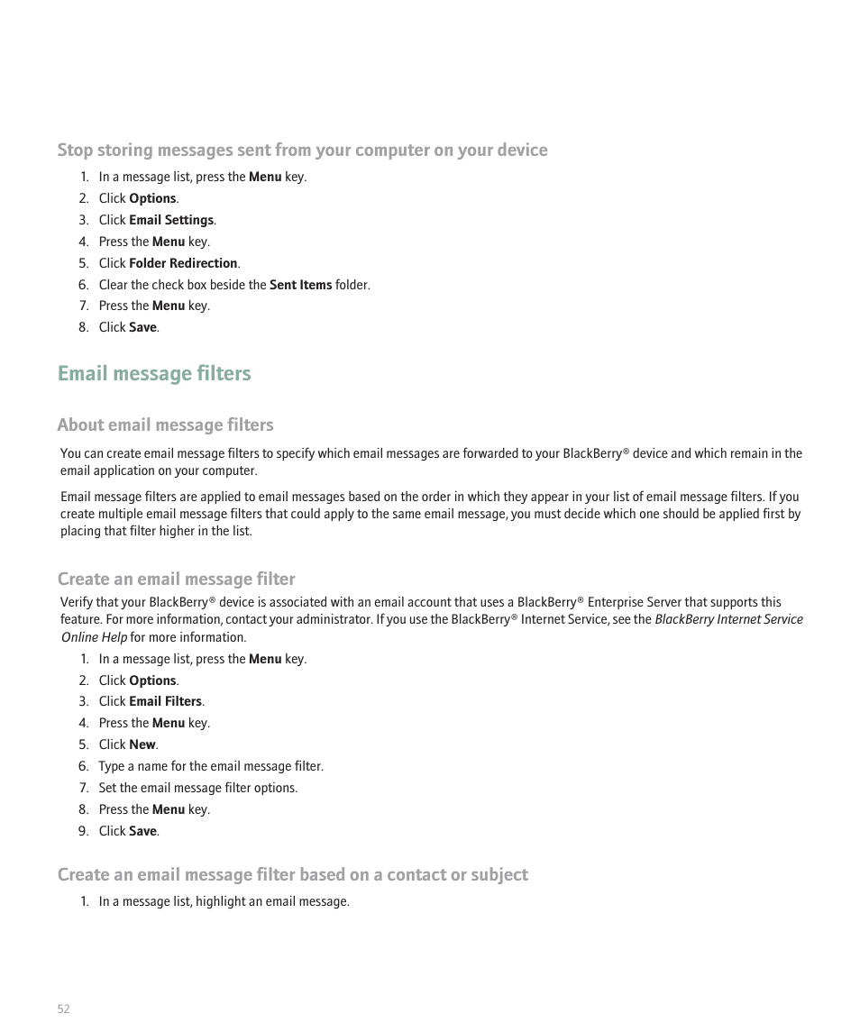 Email message filters, About email message filters, Create an email message filter | Blackberry Curve 8330 User Manual | Page 54 / 272