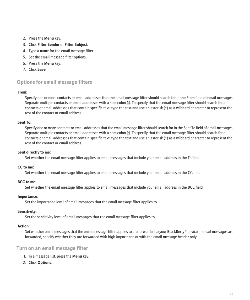 Options for email message filters, Turn on an email message filter | Blackberry Curve 8330 User Manual | Page 55 / 272