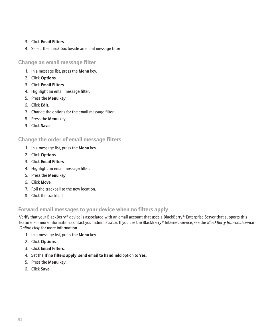 Change an email message filter, Change the order of email message filters | Blackberry Curve 8330 User Manual | Page 56 / 272