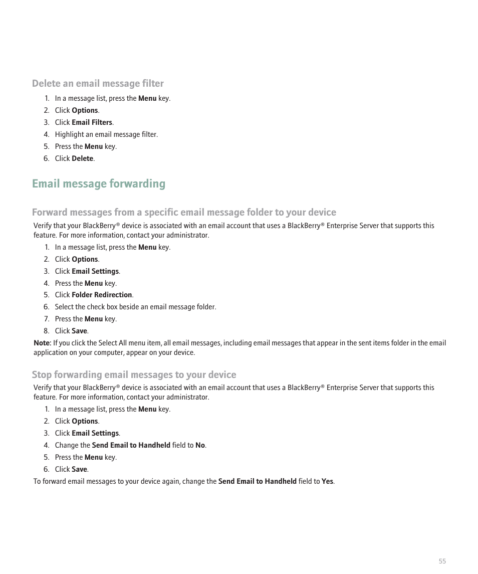 Email message forwarding, Delete an email message filter, Stop forwarding email messages to your device | Blackberry Curve 8330 User Manual | Page 57 / 272