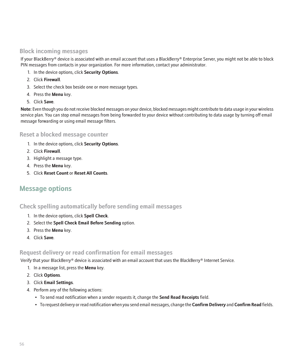 Message options, Block incoming messages, Reset a blocked message counter | Blackberry Curve 8330 User Manual | Page 58 / 272