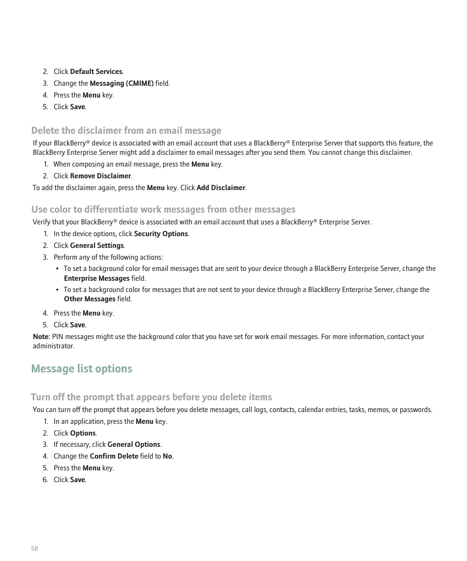 Message list options, Delete the disclaimer from an email message | Blackberry Curve 8330 User Manual | Page 60 / 272