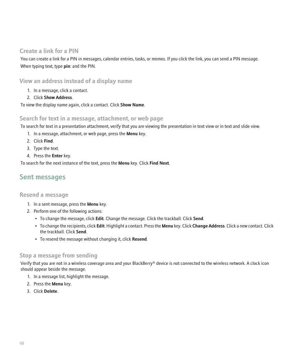 Sent messages, Create a link for a pin, View an address instead of a display name | Resend a message, Stop a message from sending | Blackberry Curve 8330 User Manual | Page 70 / 272