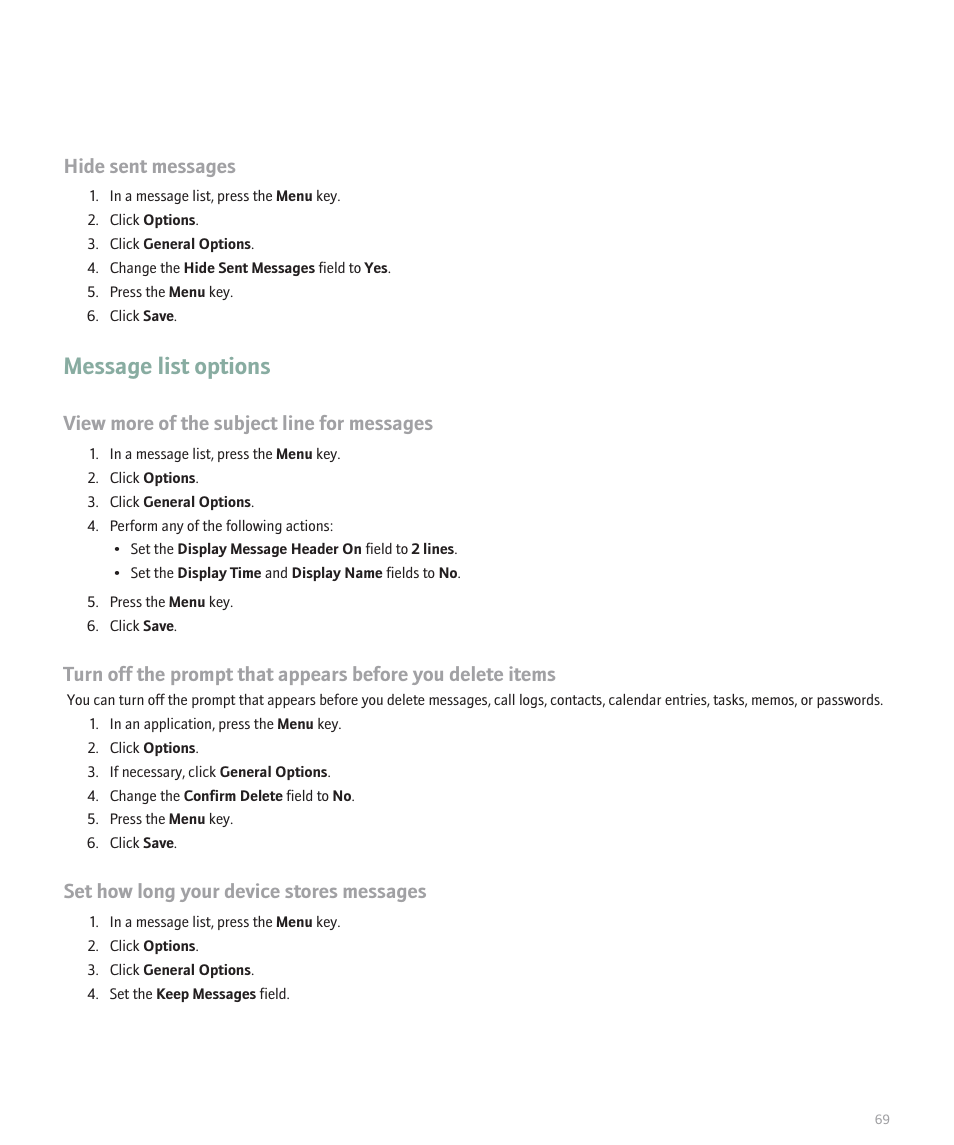 Message list options, Hide sent messages, View more of the subject line for messages | Set how long your device stores messages | Blackberry Curve 8330 User Manual | Page 71 / 272