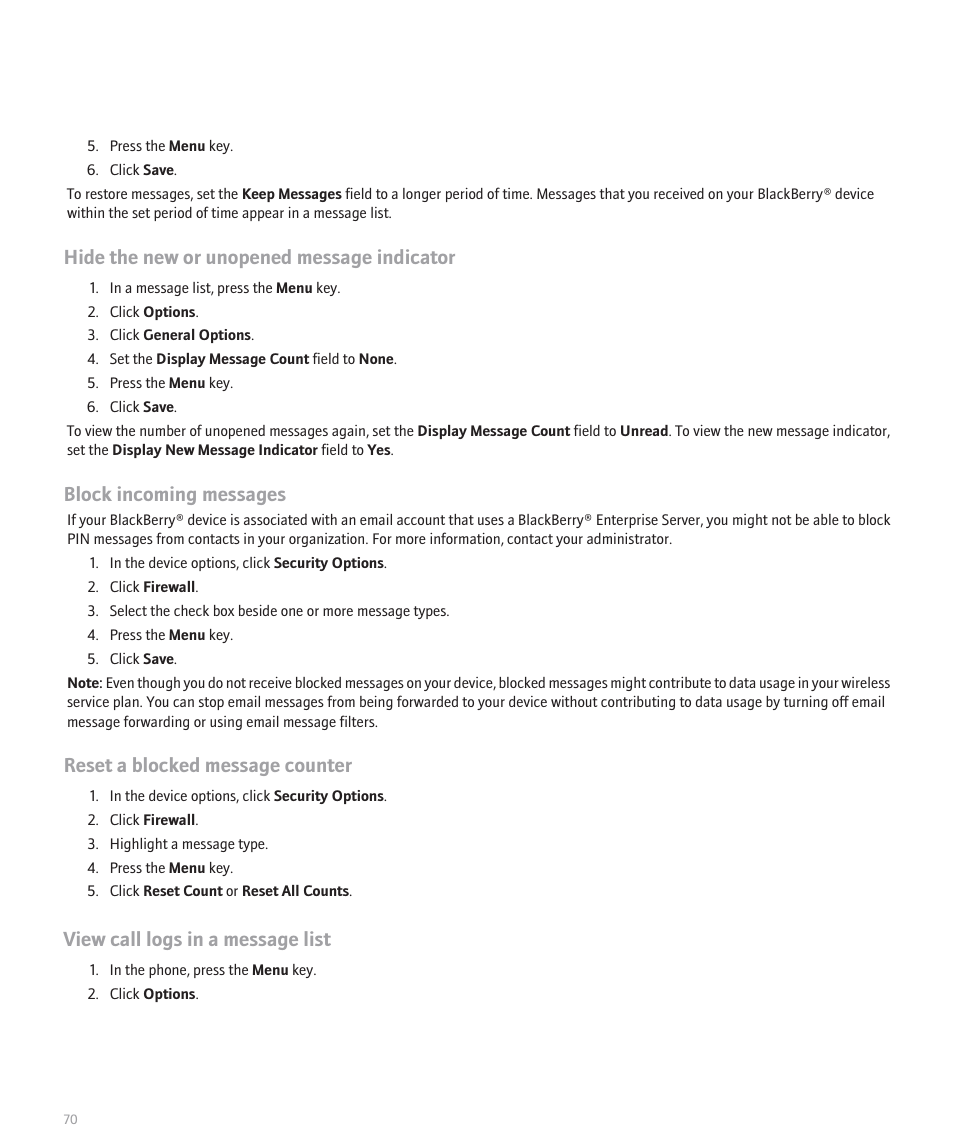 Hide the new or unopened message indicator, Block incoming messages, Reset a blocked message counter | View call logs in a message list | Blackberry Curve 8330 User Manual | Page 72 / 272