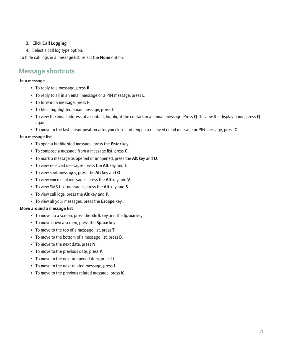 Message shortcuts | Blackberry Curve 8330 User Manual | Page 73 / 272
