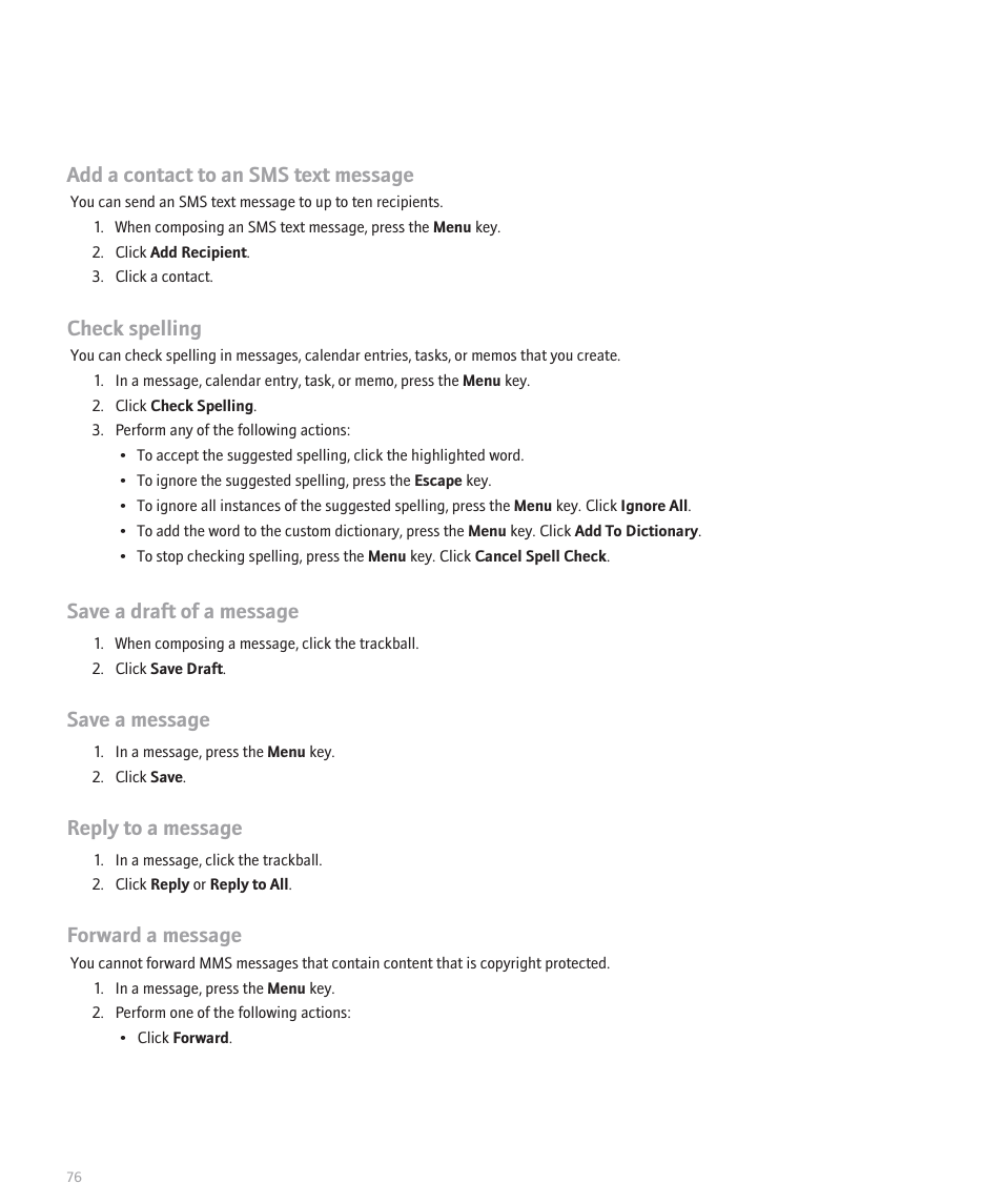 Add a contact to an sms text message, Check spelling, Save a draft of a message | Save a message, Reply to a message, Forward a message | Blackberry Curve 8330 User Manual | Page 78 / 272