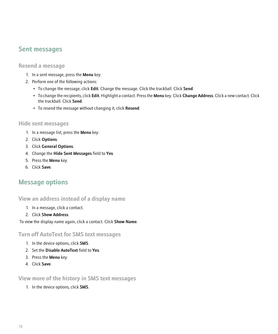 Sent messages, Message options, Resend a message | Hide sent messages, View an address instead of a display name, Turn off autotext for sms text messages, View more of the history in sms text messages | Blackberry Curve 8330 User Manual | Page 80 / 272