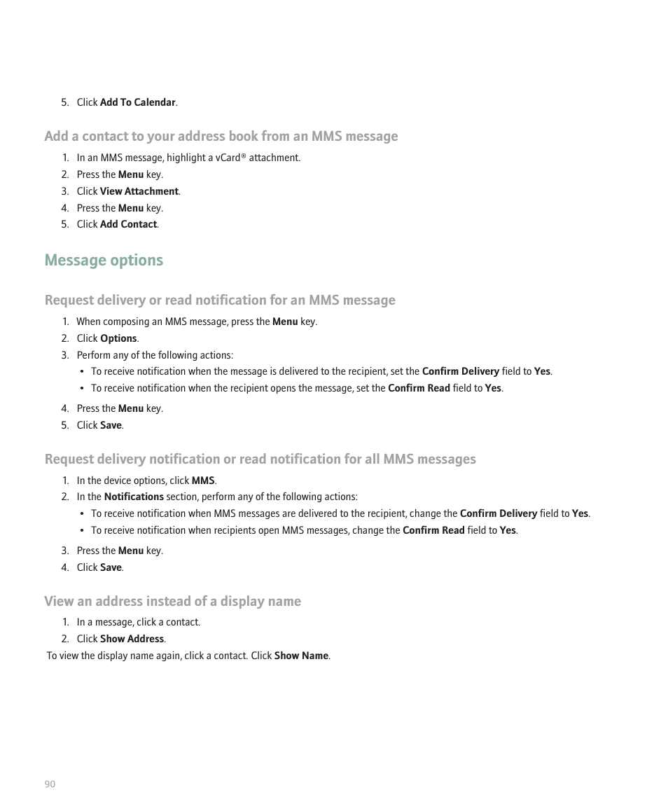 Message options, View an address instead of a display name | Blackberry Curve 8330 User Manual | Page 92 / 272