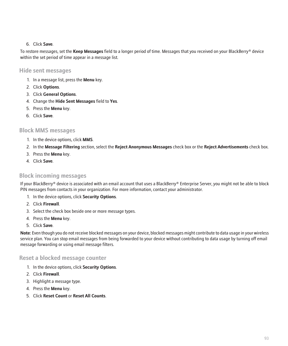 Hide sent messages, Block mms messages, Block incoming messages | Reset a blocked message counter | Blackberry Curve 8330 User Manual | Page 95 / 272