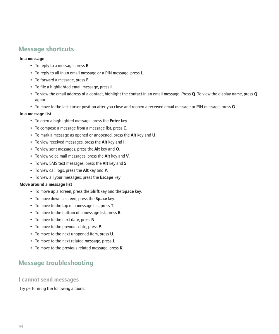 Message shortcuts, Message troubleshooting, I cannot send messages | Blackberry Curve 8330 User Manual | Page 96 / 272