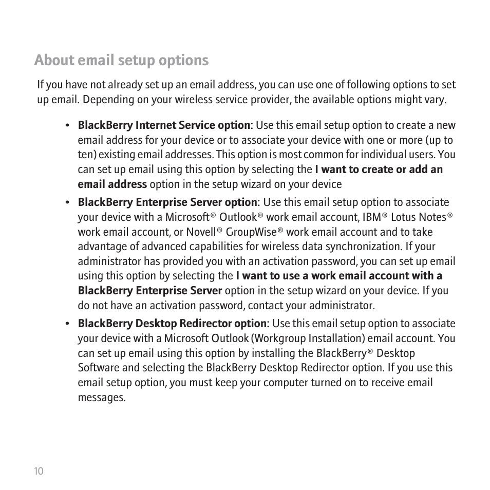 About email setup options | Blackberry 8700 User Manual | Page 12 / 42