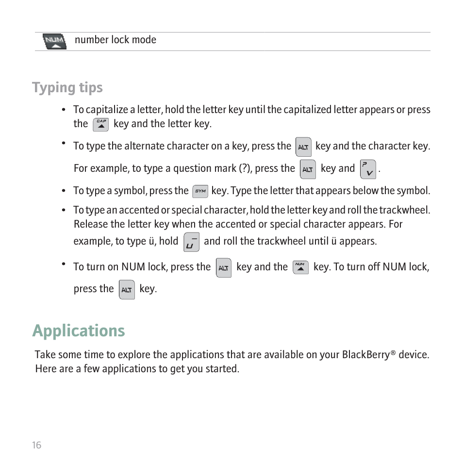 Applications, Typing tips | Blackberry 8700 User Manual | Page 18 / 42