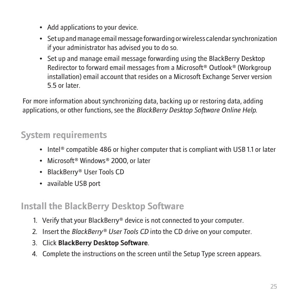 System requirements, Install the blackberry desktop software | Blackberry 8700 User Manual | Page 27 / 42