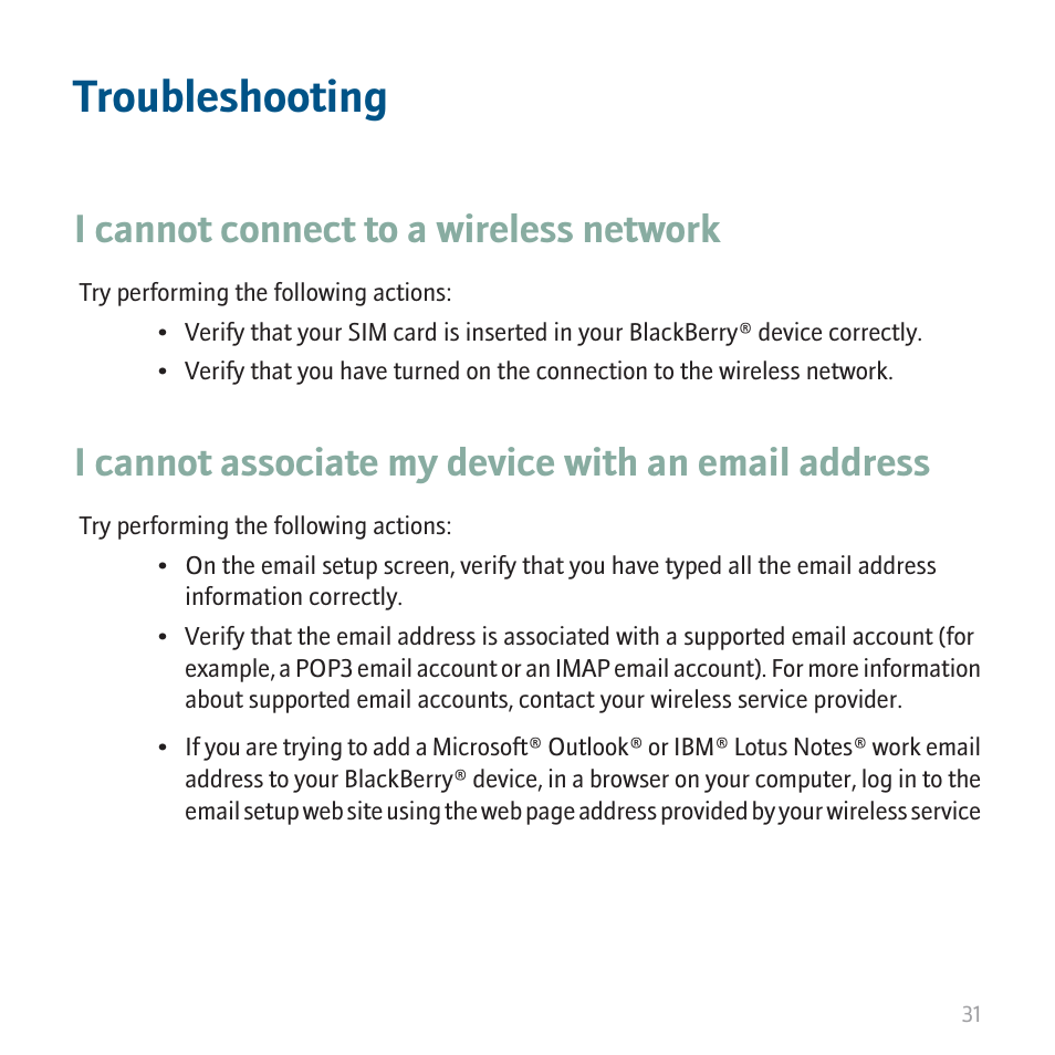 Troubleshooting, I cannot connect to a wireless network, I cannot associate my device with an email address | Blackberry 8700 User Manual | Page 33 / 42