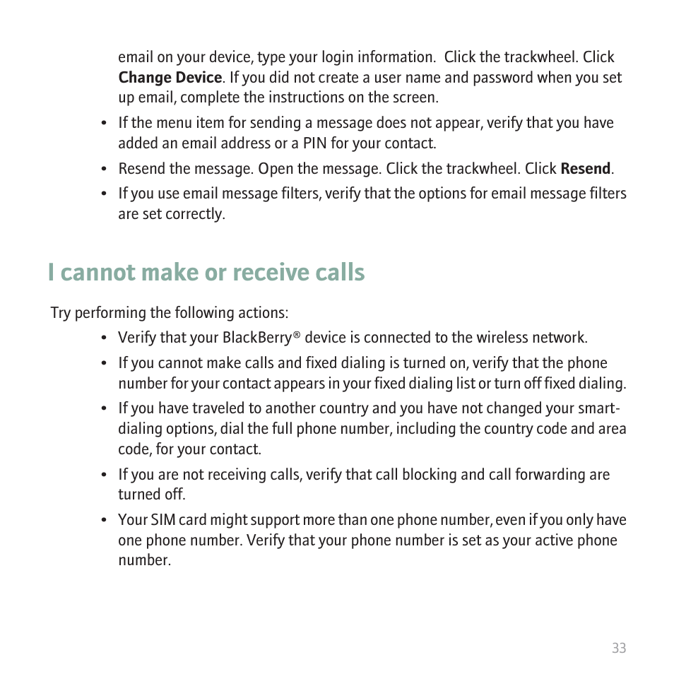 I cannot make or receive calls | Blackberry 8700 User Manual | Page 35 / 42