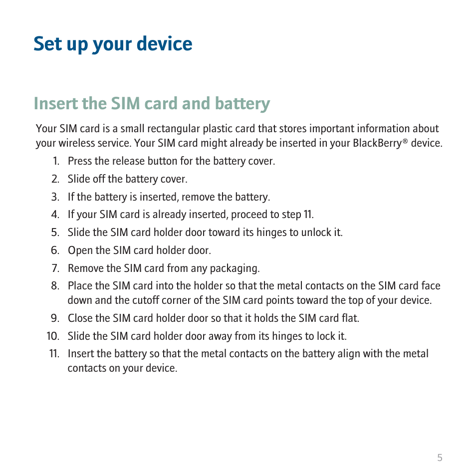 Set up your device, Insert the sim card and battery | Blackberry 8700 User Manual | Page 7 / 42