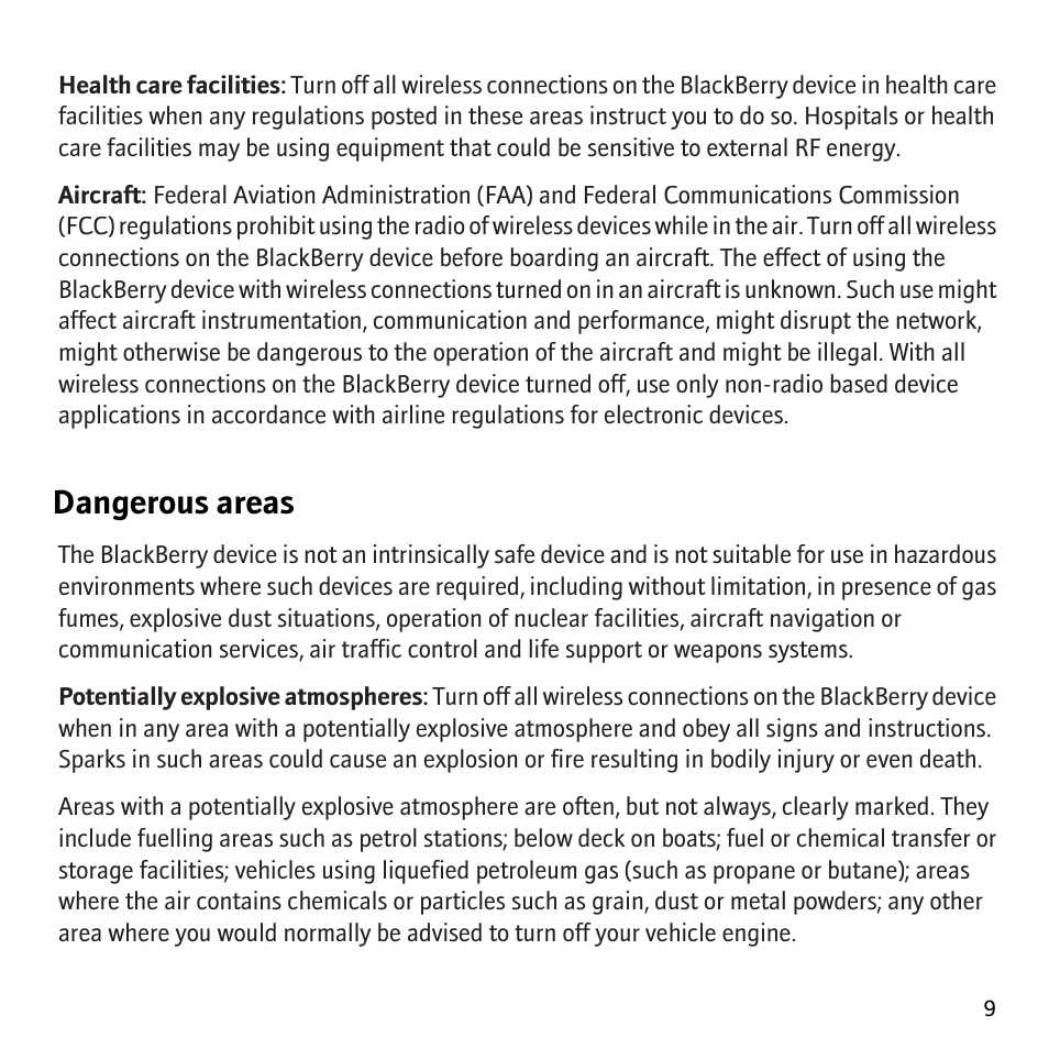Dangerous areas | Blackberry 8707v User Manual | Page 11 / 30