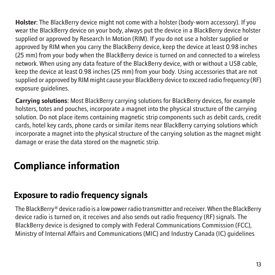 Compliance information, Exposure to radio frequency signals | Blackberry 8707v User Manual | Page 15 / 30